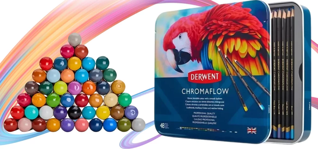 the derwent chromaflow pencils are to the right hand side of the image. the tim=n is slighlty open and you can see a few of the pencils on the inside of it. the cover of the tin is an image of a red parrot that has yellow and blue on its wings. to the left is a triangular bunch of pencils that have been stacked. showing the different colours that will be inside of the tim. they are infront of a rainbow squiggle on a white background