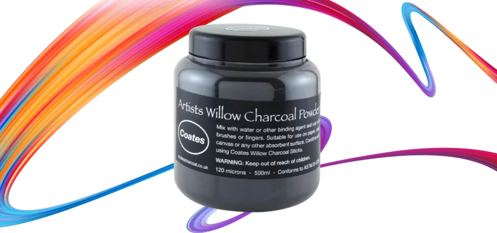 Coates Willow Charcoal Powder 500ml. Sealed tub on a rainbow squiggle