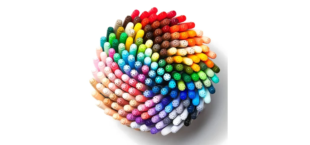 in the center of the image is a ball of copic marker all standing up and their lids facing the top of the image. they are all in a reinbow orders and are bundled together ina big circle ball. they are on a white background. they are stocked at my art shop