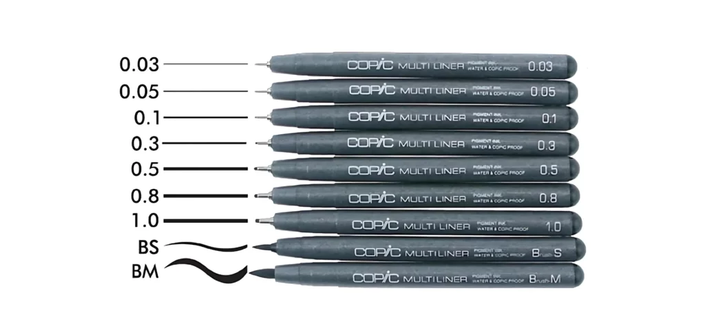 the copic multiliners are lined up nib facing the left side of the image. their caps are off showing each nib. there is a line coming from the nib showing the thickness of each pen. there is writing after the line showing the size of the nib. on a white background