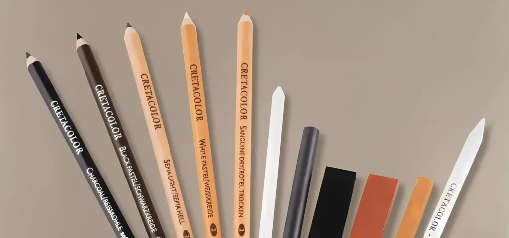 in the image the cretacolor sketching pencils are fanning up from the bottom of the screen. they are facing upwards towards the top of the imgae. there are a variety of different tyoes of pencils and charcoals in the image. they are all label facing showing us the name of the products. the three on the left are brown. there is a paper stumo next to that and two charcoal sticks then a pastel stick. they are on a beige background.