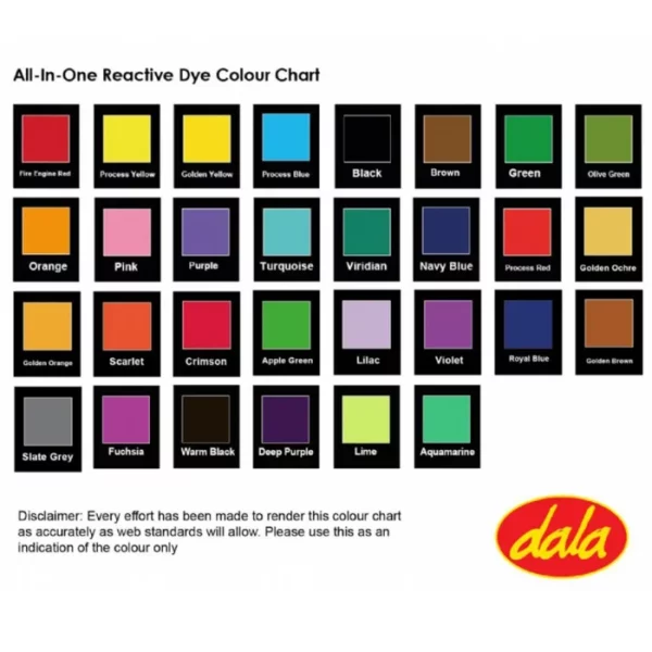 A colour chart for Dala All-In-One Fabric Dyes. There are 4 horizontal rows, and each row has 8 blocks. Each block is a different colour, showing the full range. There is text below each colour block describing the colour. The Dala logo is shown in the bottom right hand corner of the frame.