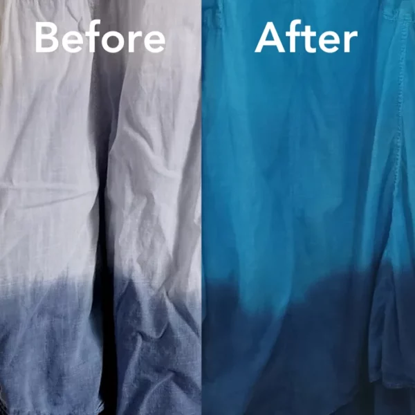 The frame is divided into two vertical segments. This is to show and before and after on a piece of fabric that Dala All-In-One Fabric Dye has been used on. The left hand image is the before and the right hand image is the after.