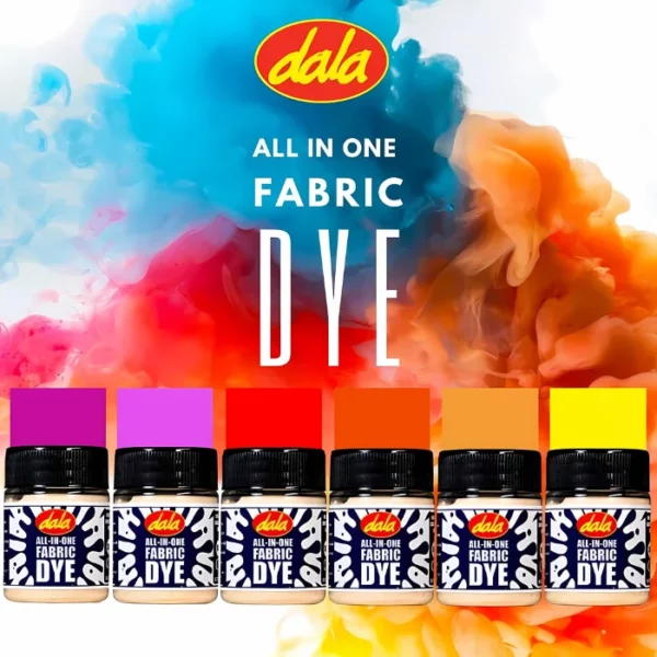 There are 6 tubs of Dala All-in-one Fabric Dye lined up at the bottom of the frame. There is a colour block above each tub to show the different colours available. There is a mist of dye smoke that is multi coloured in the background and the Dala logo is printed in the top, center of the frame.