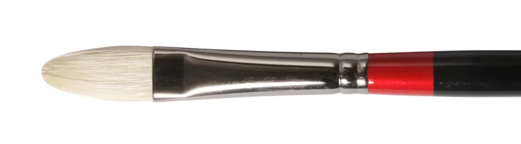 in the centre of the image is a close up of a flat long bright daler rowney georgian brush. the hair is white and facing left. the ferrule is silver and the stem is red striped then black. sitting on a white background