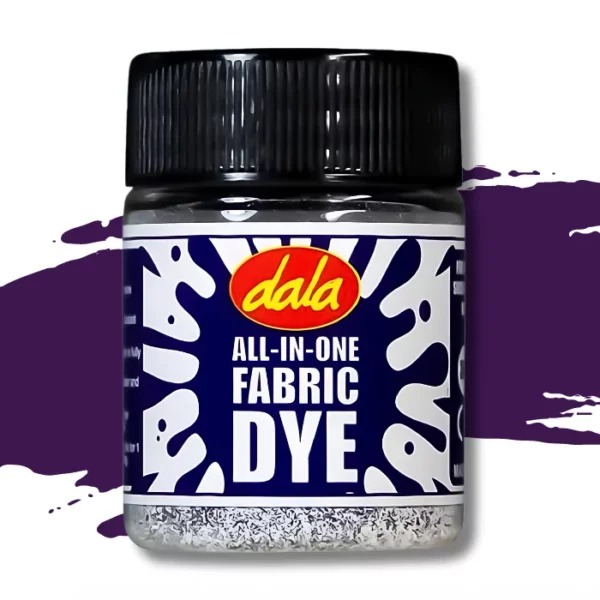 A single plastic bottle of Deep Purple Dala All-In-One Fabric Dye is shown in the center of the frame. The bottle has a black, plastic, screw on lid and there is a printed label around the body of the bottle that has a splash printed on it and the Dala logo as well as the name of the product. There is a swatch in the background that denotes the colour of the dye. On a white background.