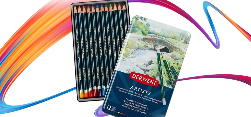 Set of 12 Derwent Artist Pencils. The set is displayed in a fan shape. The set is open and the base of the set is along the left hand side of the frame. The base contains the pencils. The pencils have a green barrel and the end of each pencil is coloured to match the colour of the lead. To the right hand side, slightly overlapping the base, is the metal lid. The lid is printed with blue at the bottom and a picture on the top half of the lid made suing the pencils in the set. The image is center of the frame on a rainbow squiggle and on a white background.