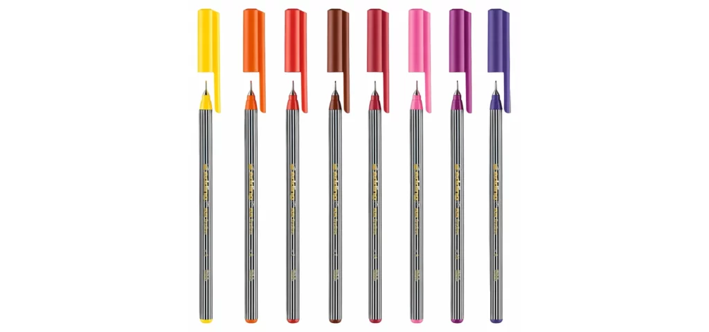 edding-fineliners-the-fine-line-frenzy. in the center of the image are 8 edding fineliners standing upright with the caps off and slighlty above the pens. the caps are the same colour as the ink inside the pens.