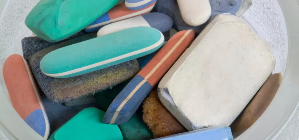 in the center of the image are a pile of differnet types of erasers. they are different colours, some are green and white, some are orang, blue and white and some are white. they are resting in a plastic bucket. the light is coming from the top of the image directly at the items in the bucket. on a white background