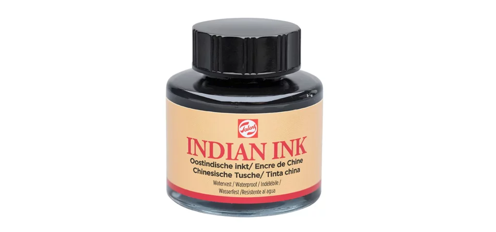 in the center of the image is a single bottle of royal talens indian ink. the bottle is black and there is a black lid. the label is a slight yellow peach colour and has red writing on it describing the product and has the logo. on a white background