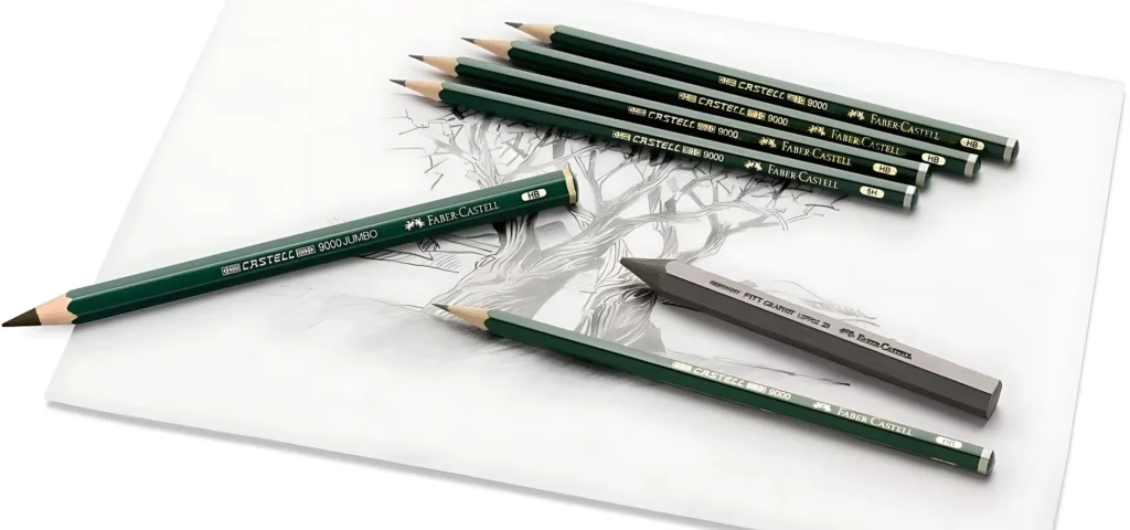 faber castell pencils can be seen scattered across the page. the back of the image are a cluster of four green cased pencils and infront is a jumbo green pencil at an angle. next to that but off to the side is a graphite stick pencil and a regular green cased pencil. they are lying on top of a drawing of a tree. on a white paper on a white background