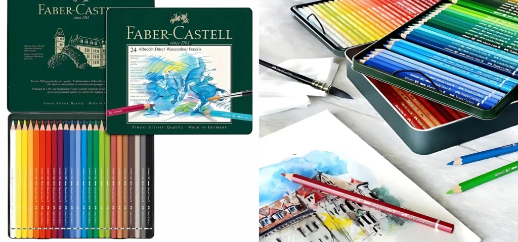 on the left is A Set of 24 Faber Castell Albrecht Durer Water Colour Pencils is shown in the frame, along the left hand side of the frame. This set is open and you can see the pencils in the bottom of the tin. The pencils are lined up next to each other and each pencil has a different coloured barrel that denotes the colour of the lead. The Faber Castell logo is printed on the inside of the green tin lid. There is a sealed set shown overlapping the open set. This shows the cover of the tin lid. The tin is green and there is an image of an abstract horse on the cover that was made using the pencils. The Faber Castell logo is printed at the top of the tin. The image is on a white background. and on the right is A promotional image for Faber Castell Albrecht Durer Water Colour Pencils. It is a close up image that is cut off by the frame. Part of a set of 120 pencils can be seen coming out of the top right hand side of the frame. There is a sketch pad seen coming out of the bottom left hand corner of the frame that has a drawing of a building and some sky and some loose pencils scattered around the frame.