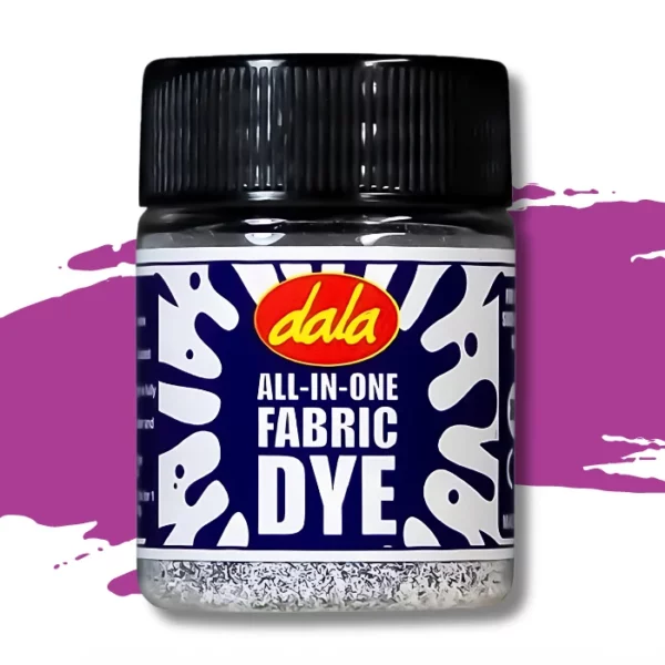 A single plastic bottle of Fuchsia Dala All-In-One Fabric Dye is shown in the center of the frame. The bottle has a black, plastic, screw on lid and there is a printed label around the body of the bottle that has a splash printed on it and the Dala logo as well as the name of the product. There is a swatch in the background that denotes the colour of the dye. On a white background.