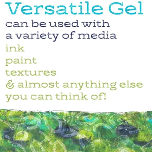 A promotional image for Gel Press Printing Plates. There is text on most of the frame describing how the versatile plates can be used with different mediums like paint and ink. On a white background.