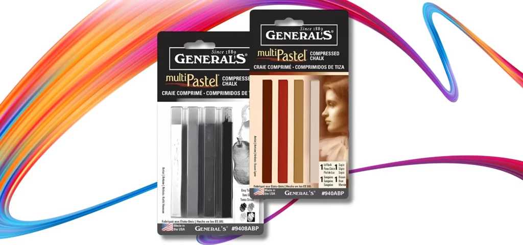 Grey Tone Multi Pastel 4 Piece Set - General Pencil Co. Inc. Two sets side by side, both shown vertically and from a front view. The set on the left is the grey tone set and the set on the right is the earth tone set. Both sets have a carboard backing and a clear top so you can see the pastels in the sets. They are centered in the image and on a white background on a rainbow squiggle.