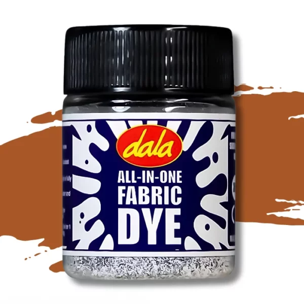 A single plastic bottle of Golden Brown Dala All-In-One Fabric Dye is shown in the center of the frame. The bottle has a black, plastic, screw on lid and there is a printed label around the body of the bottle that has a splash printed on it and the Dala logo as well as the name of the product. There is a swatch in the background that denotes the colour of the dye. On a white background.