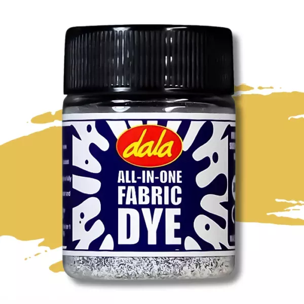 A single plastic bottle of Golden Ochre Dala All-In-One Fabric Dye is shown in the center of the frame. The bottle has a black, plastic, screw on lid and there is a printed label around the body of the bottle that has a splash printed on it and the Dala logo as well as the name of the product. There is a swatch in the background that denotes the colour of the dye. On a white background.