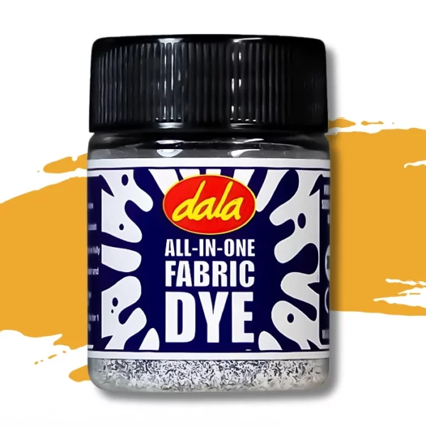 A single plastic bottle of Golden Orange Dala All-In-One Fabric Dye is shown in the center of the frame. The bottle has a black, plastic, screw on lid and there is a printed label around the body of the bottle that has a splash printed on it and the Dala logo as well as the name of the product. There is a swatch in the background that denotes the colour of the dye. On a white background.