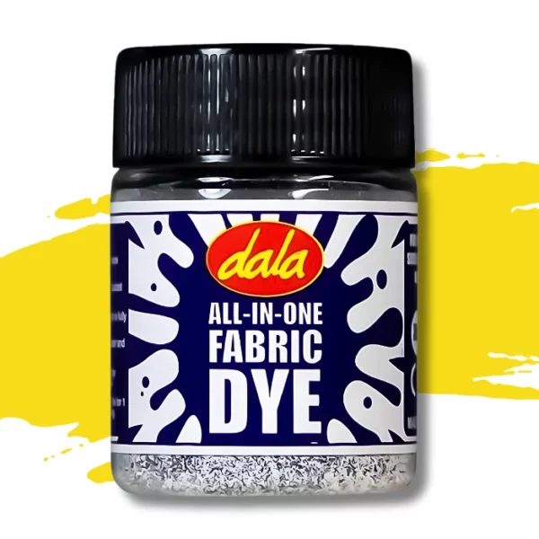 A single plastic bottle of Golden Yellow Dala All-In-One Fabric Dye is shown in the center of the frame. The bottle has a black, plastic, screw on lid and there is a printed label around the body of the bottle that has a splash printed on it and the Dala logo as well as the name of the product. There is a swatch in the background that denotes the colour of the dye. On a white background.