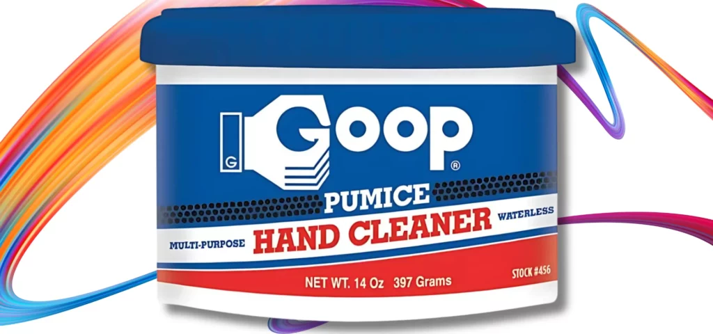 Goop Pumice Hand Cleaner, White tub with blue lid and a label that is stuck to the front of the tub. The tub is center of the image and on a white background.