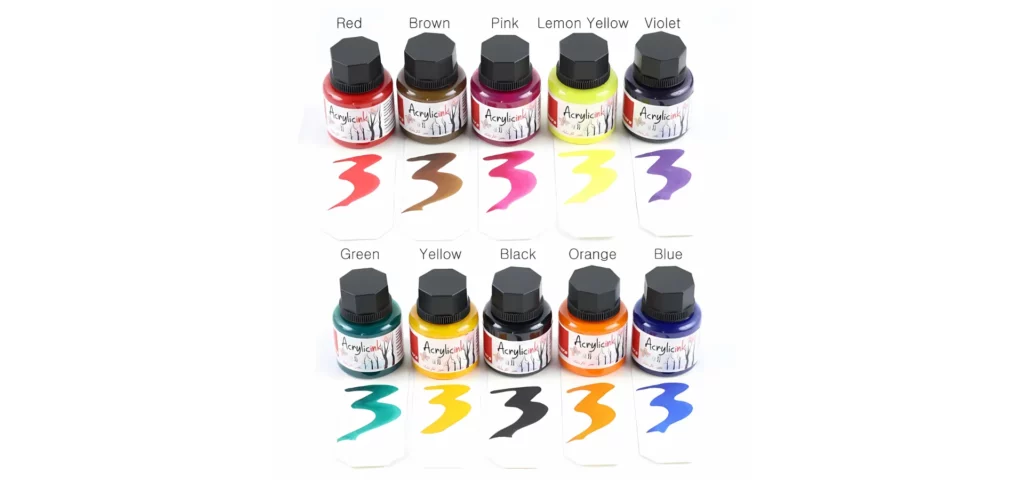 There are 10 bottles of Isomars Acrylic Ink shown in 2 rows.
Below each bottle is a swatch of the ink.
Each bottle contains a different colour ink.
The bottles are clear and have black, plastic, screw on lids. There is a printed label around the body of each bottle.
The name of the colour is written on top of each bottle.
On a white background.