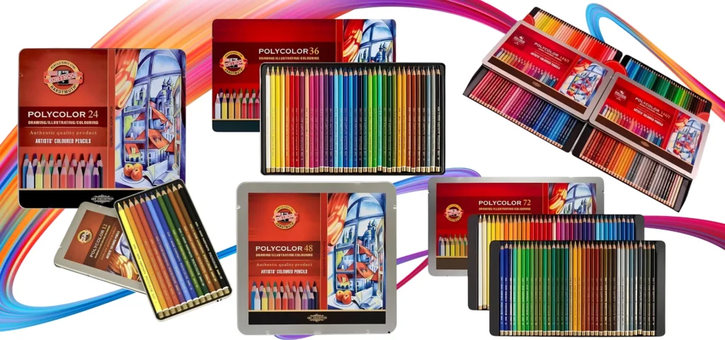 the koh i noor polycolor pencil sets are displayed across the image. there are 6 different sized tin sets showing in the image. the top left image is a closed tin. below it and resting on it is a 12 tin. to the right and in the middle at the top is an open set of 36 with all the crayons showing. below that is a closed set of 24. to the far right at the top is the open set of 144 crayons. shwoing the colour range. below that is an open set of 72 showing all the pencils. sitting in front of a rainbow squiggle on a white background.