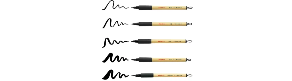 in the center of the image are the pens all in a line. there are black squggly lines infront of them shwoing the thickness of each pen. they are on a white background