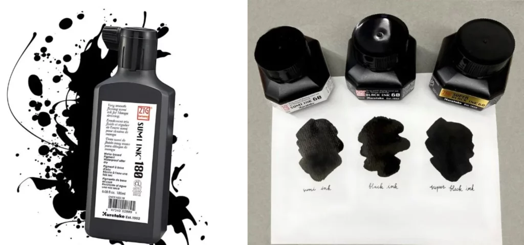 the left hand side image is A single bottle of ZIG Cartoonist Sumi Black Ink 180ml is shown in the center of the frame. The bottle is black plastic and is rectangular in shape. There is a white label on the front of the bottle with black text. There is a black ink splatter behind the bottle. The image is center of the frame and on a white background. and the right hand side image is Three bottles of ink are shown without lids. One bottle is ZIG Cartoonist Sumi Black Ink. They are sitting on a piece of white paper and there is a sample from each bottle on the white paper.