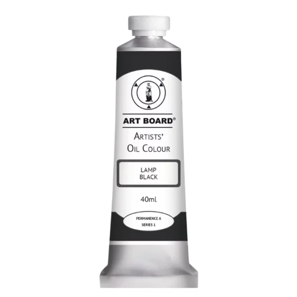 A tube of Lamp Black Artboard Oil Paint 40ml is shown standing vertically in the center of the frame. The tube is silver and has a label around the body of the tube. Parts of the label are coloured, to denote the colour of the paint inside the tube. The artboard logo and name are printed at the top of the label and the colour and product details are printed below. The tube has a white plastic, screw on lid. On a white background.