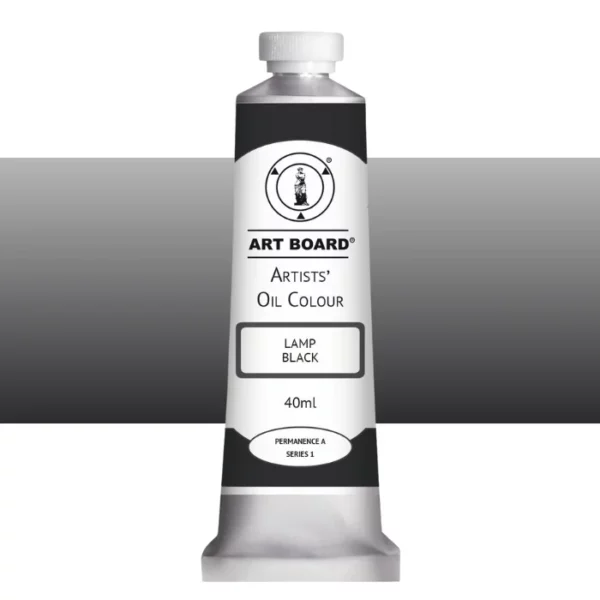 A tube of Lamp Black Artboard Oil Paint 40ml is shown standing vertically in the center of the frame. The tube is silver and has a label around the body of the tube. Parts of the label are coloured, to denote the colour of the paint inside the tube. The artboard logo and name are printed at the top of the label and the colour and product details are printed below. The tube has a white plastic, screw on lid. A graded horizontal rectangle is seen in the background, this denotes the colour of the paint inside the tube. On a white background.