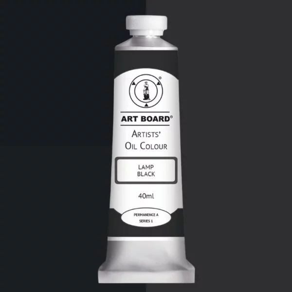 A tube of Lamp Black Artboard Oil Paint 40ml is shown standing vertically in the center of the frame. The tube is silver and has a label around the body of the tube. Parts of the label are coloured, to denote the colour of the paint inside the tube. The artboard logo and name are printed at the top of the label and the colour and product details are printed below. The tube has a white plastic, screw on lid. Different shades of the paint colour are shown in the background in blocks, behind the tube.