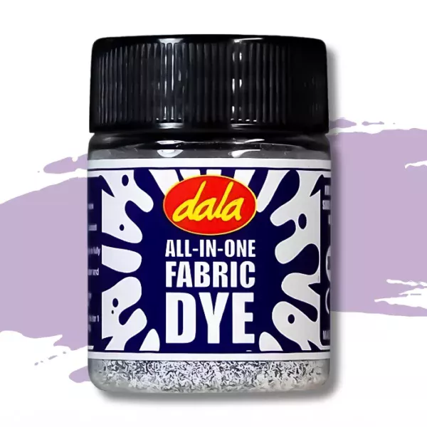 A single plastic bottle of Lilac Dala All-In-One Fabric Dye is shown in the center of the frame. The bottle has a black, plastic, screw on lid and there is a printed label around the body of the bottle that has a splash printed on it and the Dala logo as well as the name of the product. There is a swatch in the background that denotes the colour of the dye. On a white background.