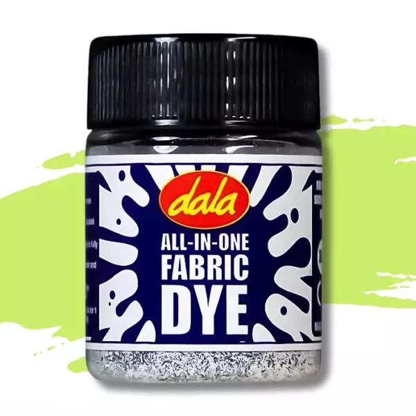 A single plastic bottle of Lime Dala All-In-One Fabric Dye is shown in the center of the frame. The bottle has a black, plastic, screw on lid and there is a printed label around the body of the bottle that has a splash printed on it and the Dala logo as well as the name of the product. There is a swatch in the background that denotes the colour of the dye. On a white background.