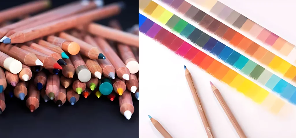 on the left of the image is A close up of a person drawing using Caran D'Ache Luminance Pencils. They are holding one pencil in their right hand and there is a coloured picture of a pelican and flowers in the background. The image is cut off by the frame. and on the right of the image is a colour swatch of little blocks of all the f=different colours. infront of it is three pencils lying on a white table