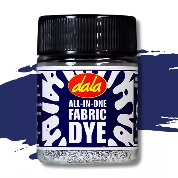 A single plastic bottle of Navy Blue Dala All-In-One Fabric Dye is shown in the center of the frame. The bottle has a black, plastic, screw on lid and there is a printed label around the body of the bottle that has a splash printed on it and the Dala logo as well as the name of the product. There is a swatch in the background that denotes the colour of the dye. On a white background.