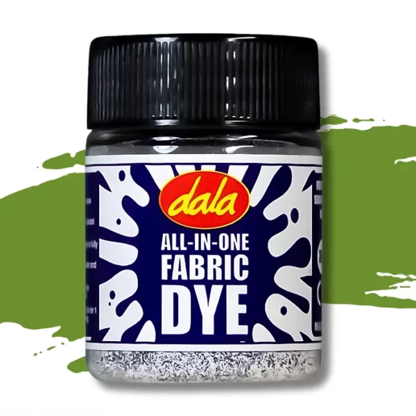 A single plastic bottle of Olive Green Dala All-In-One Fabric Dye is shown in the center of the frame. The bottle has a black, plastic, screw on lid and there is a printed label around the body of the bottle that has a splash printed on it and the Dala logo as well as the name of the product. There is a swatch in the background that denotes the colour of the dye. On a white background.