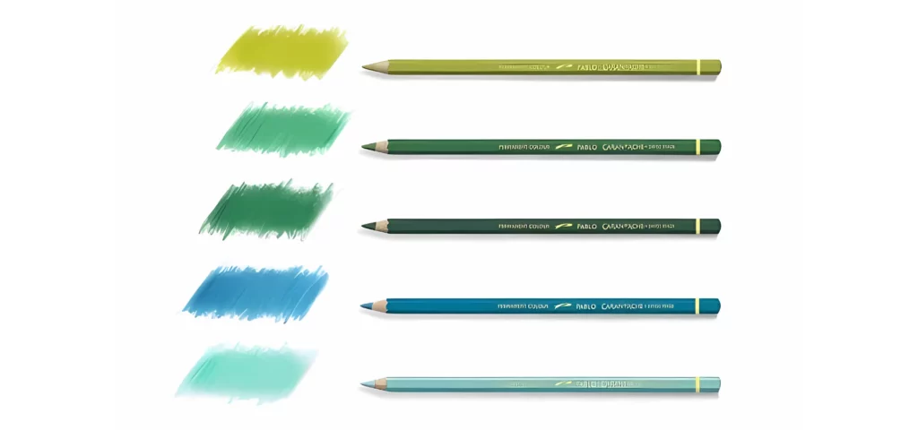 the pablo pencils are ying horizontally across the image. the nibsa re facing the left hand side of the screen. they are from top to bottom: light green, dark green, dark blue and light blue. in front of the nib is a scribbled square of the same colour as the pencil. the name of the pencil is visable in gold on the front of the pablo. it is on a white background