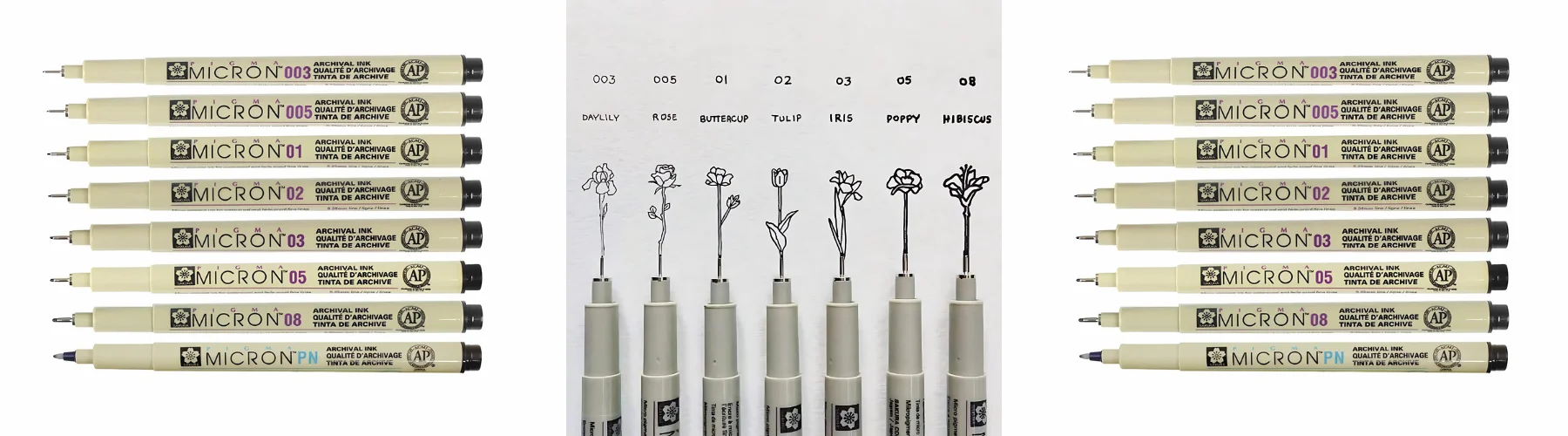 pigma-micron-pens-a-pigment-powerhouse. in the centre image there are microns facing upwards and there are little flowers drawn in the pens above each nib. on each side left and right are two horizontal rows of the microns without their caps. all on white backgrounds