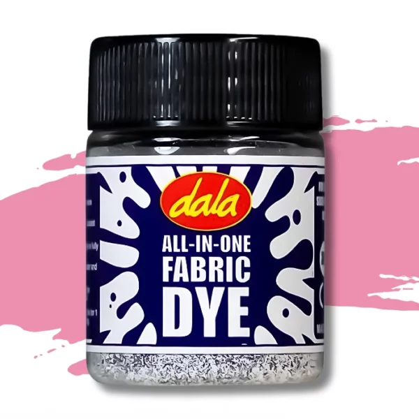 A single plastic bottle of Pink Dala All-In-One Fabric Dye is shown in the center of the frame. The bottle has a black, plastic, screw on lid and there is a printed label around the body of the bottle that has a splash printed on it and the Dala logo as well as the name of the product. There is a swatch in the background that denotes the colour of the dye. On a white background.