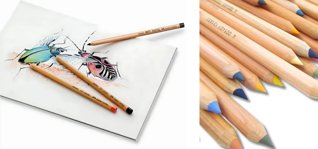 on the left is Faber Castell Pitt Pastel Pencils. 3 pastel pencils are laying on top of a sketch pad that has a drawing of 2 bugs that were drawn using the pastel pencils and on the right is Faber Castell Pitt Pastel Pencils. A pile of pastel pencils. The pencils are displayed diagonally coming out of the left hand side of the image with the tips facing the right hand side of the image