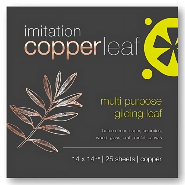 A pack of Prime Art Imitation Copper Leaf is shown in the center of the frame. It is a front view of the front of the packaging. The packaging is square and has gold text on it and a gold leaf as well as the prime art logo. The image is center of the frame and on a white background.