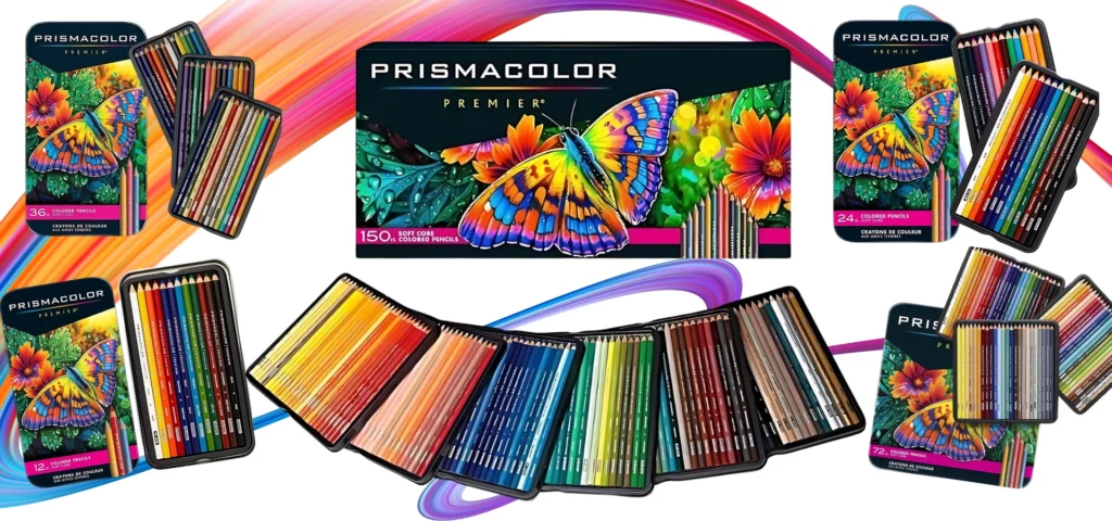 there are many sets of prismacolor pencils in the image. on the left hand side of the image on the top is a samll set with its open contents on the right of it. below is the 12 set opened with the pencils next to it. in the middle and the main focus is the 150 set with the box behind and all the trays of pencils layed out in front of it overlapping eachother. the the right hand side are two other smaller sets each showing their contents. they are all evenly spaced. they are all black tins with the name clearly displayed and a very bright and colourful butterfly drawn on it. they are on a rainbow squiggle on a white background