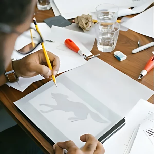 A person is seen coming in from the left hand side of the frame, they are tracing a picture on a tin using the Pro Art Butcher Paper Pack. There are erasers and other tools laying on the desk around the artist.