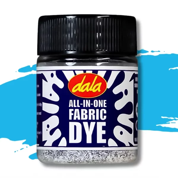 A single plastic bottle of Process Blue Dala All-In-One Fabric Dye is shown in the center of the frame. The bottle has a black, plastic, screw on lid and there is a printed label around the body of the bottle that has a splash printed on it and the Dala logo as well as the name of the product. There is a swatch in the background that denotes the colour of the dye. On a white background.