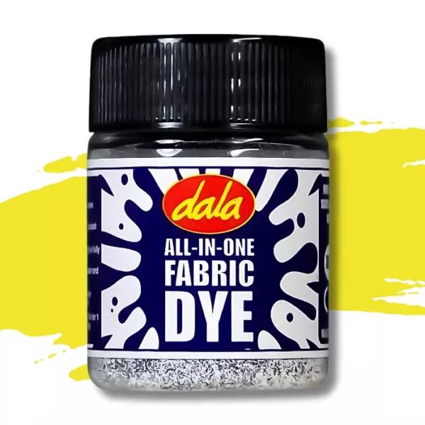 A single plastic bottle of Process Yellow Dala All-In-One Fabric Dye is shown in the center of the frame. The bottle has a black, plastic, screw on lid and there is a printed label around the body of the bottle that has a splash printed on it and the Dala logo as well as the name of the product. There is a swatch in the background that denotes the colour of the dye. On a white background.