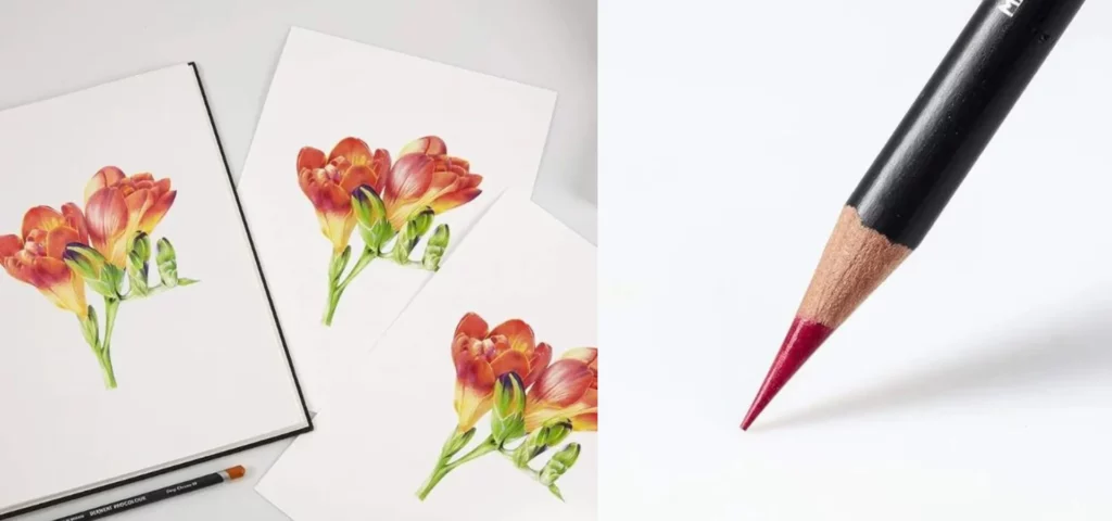 on the left is Derwent Procolour Pencils. A drawing of red flowers with some greenery around the base is shown 3 times in this frame to emphasize the outstanding reproduction quality of the pencils. The drawings are scattered in a fan shape across the center of the frame and have been drawn on white paper. The image along the left hand side of the frame has been made in a spiral bound black pad. There is a single procolour pencil laying horizontally underneath the spiral bound pad. and on the right is Derwent Procolour Pencils. A close up of a single Procolour Pencils tip. The lead tip is red and the barrel of the pencil is black. The pencil is coming into the frame at an angle from the top right hand corner of the frame, with the lead tip almost center of the frame. There is a slight shadow under the pencils and the background is white.