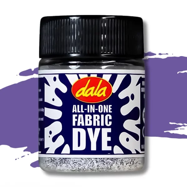 A single plastic bottle of Purple Dala All-In-One Fabric Dye is shown in the center of the frame. The bottle has a black, plastic, screw on lid and there is a printed label around the body of the bottle that has a splash printed on it and the Dala logo as well as the name of the product. There is a swatch in the background that denotes the colour of the dye. On a white background.