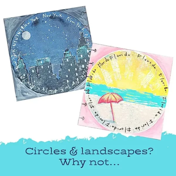 A promotional image for Round Gel Press Printing Plates. There are two square cards at the top of the frame that has circles printed on them and images of landscapes. There is a horizontal blue bar across the bottom of the frame with dark blue text promoting the plates.