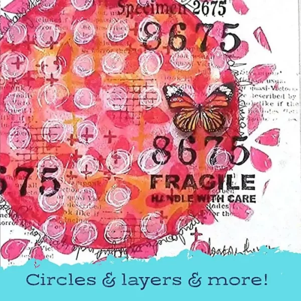 A promotional image for Round Gel Press Printing Plates. There is a large image of red and pink circle that was made using the printing plate. There is a stamped butterfly and some numbers and text over the circle. There is a blue bar at the bottom of the frame, it runs horizontally, across the bottom of the frame and has a dark blue text that promotes the plates.