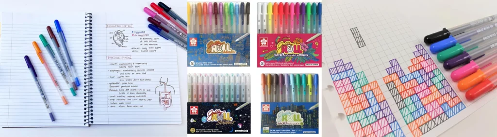 in the middle of this image are four packs of 12 gel pens in theor packaging showing the different kinds of sets you can get. on the left hand image there is an open notebook witht he pens on it and drawing being made using the pens. the drawings are study drawings of the human body. the image on the right is of a few pens lined up on the right hand side and a paper with tiny blicks drawn on in different colours. showing how you can journal with these pens as well. all on white backgrounds